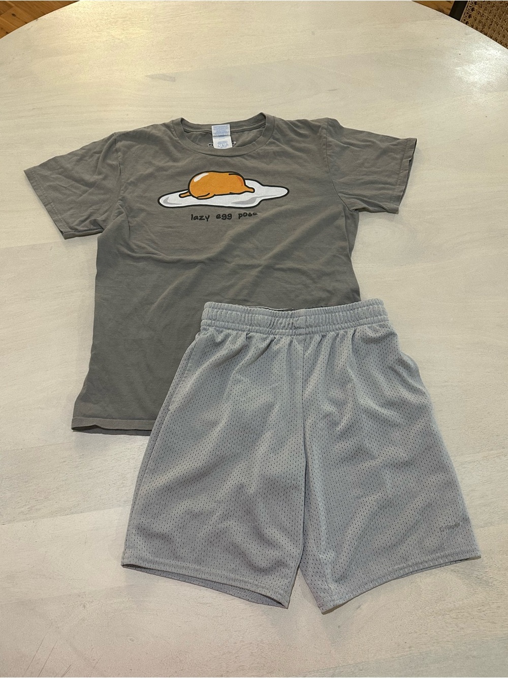 Athletic Works Kids Gray Tee & Light Gray Mesh Shorts - Yellow Egg Graphic